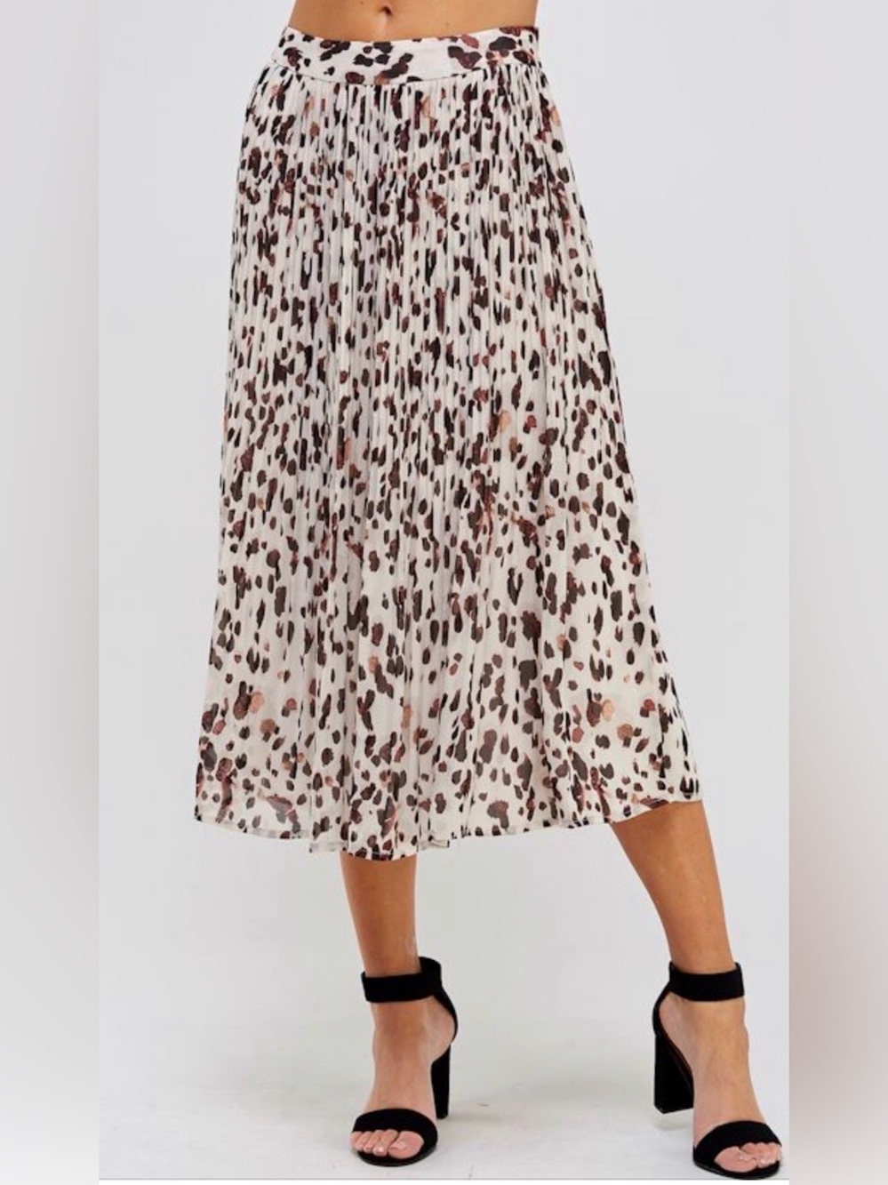 Ellison Cream Midi Skirt with Brown and Pink Spot Print